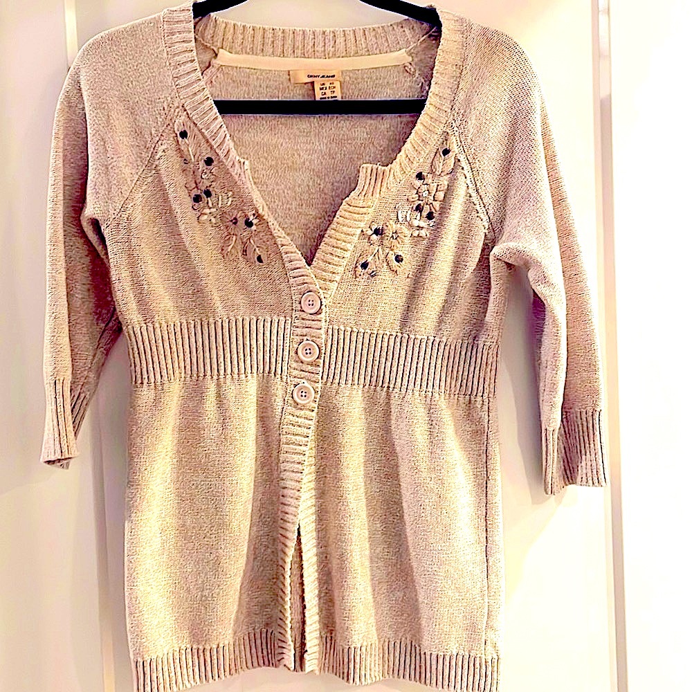 DKNY embroidered cardigan cotton blend in beige oatmeal size XS with buttons